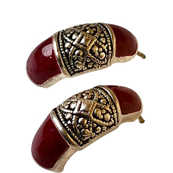 Vintage Earrings Brown Enamel & Silver-tone Half Hoop Pierced Posts - Picture 4 of 10